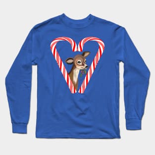 Baby Deer Peeking from Candy Cane Heart Long Sleeve T-Shirt